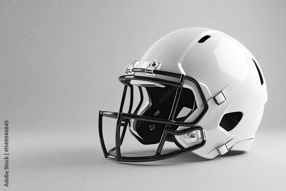 Fototapeta premium White American football helmet with black facemask on a grey background.