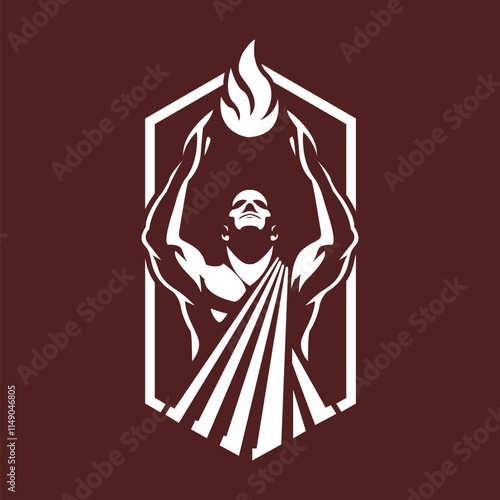 red and white logo with a statue of a god holding a torch.