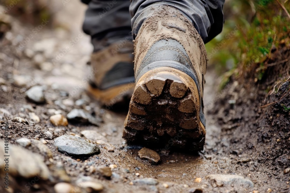 A close-up of a muddy hiking boot on a trail, emphasizing outdoor adventure. A close-up of a muddy hiking boot on a trail, emphasizing outdoor adventure.