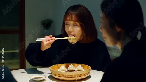 Wallpaper Mural Delicious Xiao Long Bao: A woman savors a delicate Xiao Long Bao dumpling, the warm light illuminating a cozy, intimate dining scene with a friend. The image evokes feelings of comfort, friendship. Torontodigital.ca