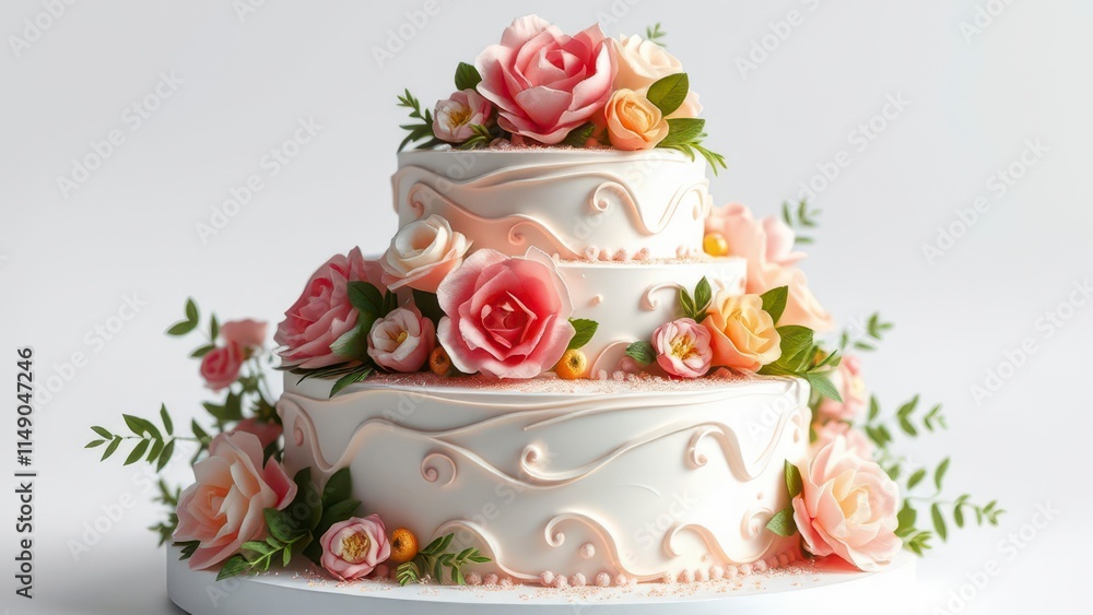 A stunning multi-tiered birthday cake adorned with delicate sugar flowers, greenery, and edible glitter on a white background , confectionery, birthday cake, dessert, sugar flowers, food A stunning multi-tiered birthday cake adorned with delicate sugar flowers, greenery, and edible glitter on a white background , confectionery, birthday cake, dessert, sugar flowers, food