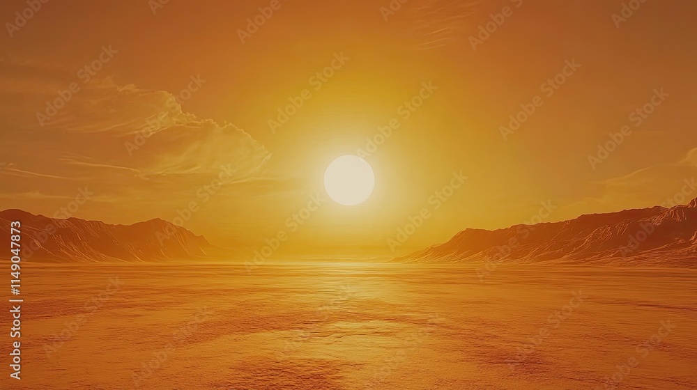 Naklejka premium Serene Sunset Over Vast Desert Landscape in Warm Orange Hues