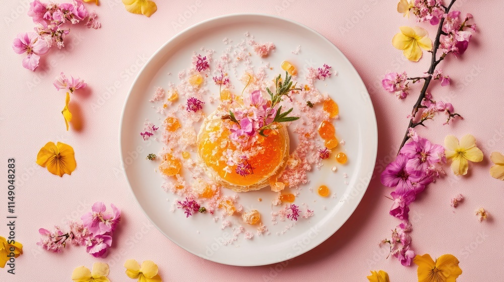 Elegant Dessert with Edible Flowers on Soft Pink Background Elegant Dessert with Edible Flowers on Soft Pink Background