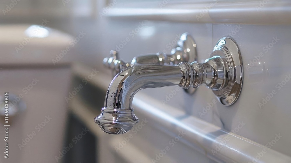 A close-up of a polished chrome faucet in a bathroom setting. A close-up of a polished chrome faucet in a bathroom setting.