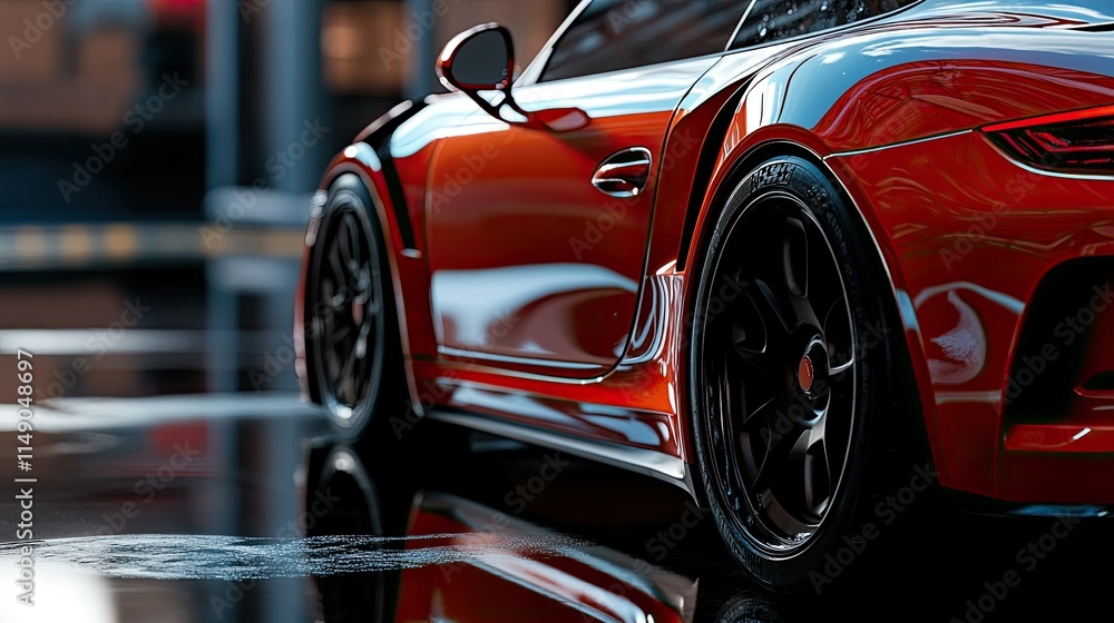 Glossy Red Sports Car Reflecting on Wet Surface in Urban Environment Glossy Red Sports Car Reflecting on Wet Surface in Urban Environment