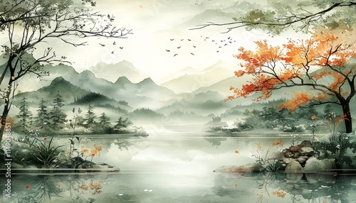 Serene Autumnal Landscape With Misty Mountains And Calm Water