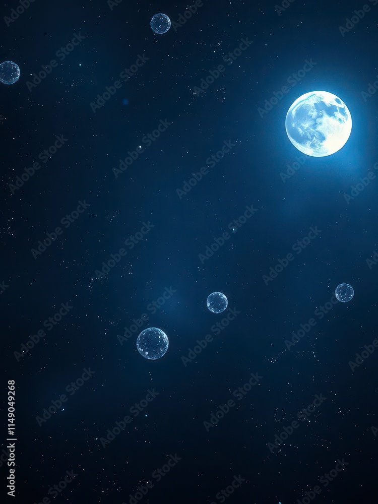 Fototapeta premium Glowing stars and planets on a dark blue background with a full moon , universe, stellar navigation