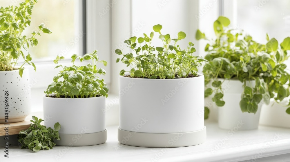 Fototapeta premium Fresh herbs in white pots on a windowsill.