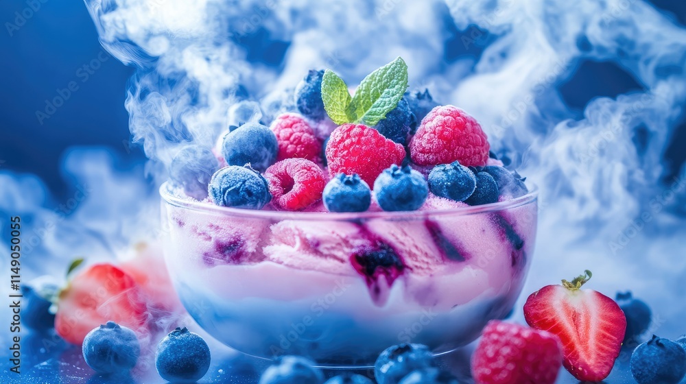 Colorful Berry Dessert with Smoke Effect and Mint Leaves Decoration Colorful Berry Dessert with Smoke Effect and Mint Leaves Decoration