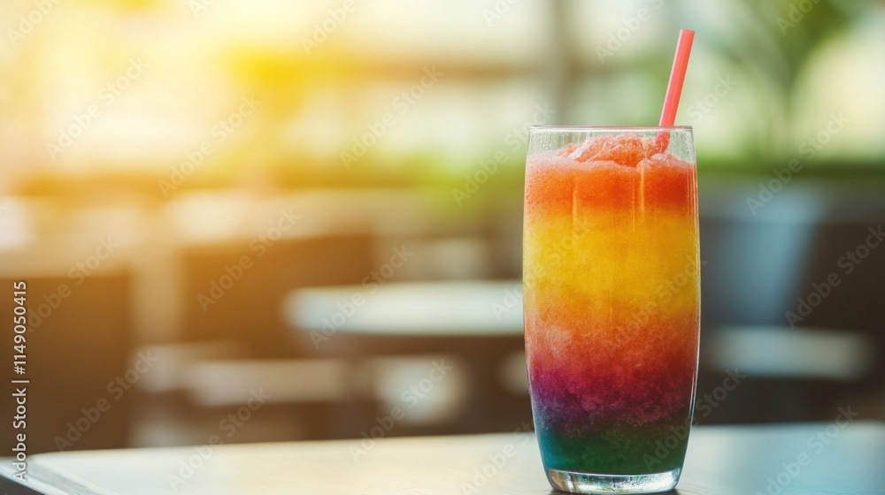 Rainbow layered frozen drink in glass on table. Rainbow layered frozen drink in glass on table.