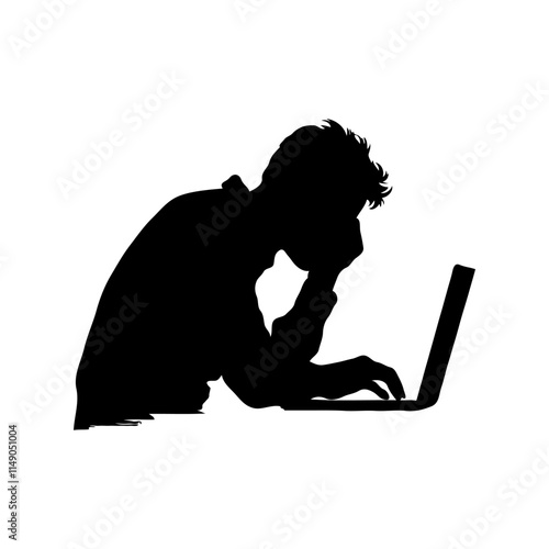 A silhouette of a person focused on a laptop, minimalist style, on a plain background. Concept of stress and frustration, burnout at work