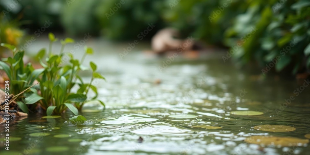 Fototapeta premium Blurred image of water and plants creating a serene natural background, water, earthy, blur