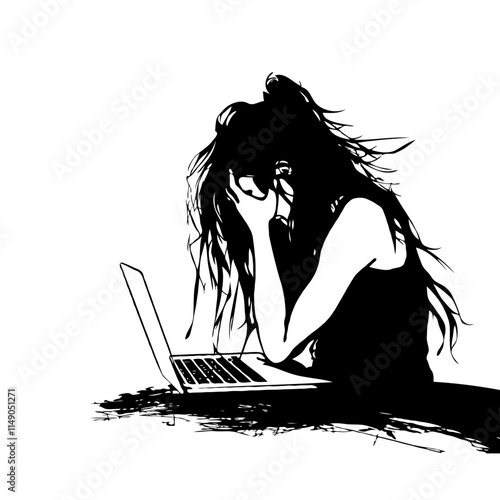 Woman leaning on laptop in distress, black silhouette illustration. Concept of stress and frustration, burnout at work