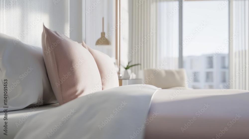 Fototapeta premium Simple modern bedroom with white and dusty rose bedding. Featuring a clean, bright design with minimal decoration
