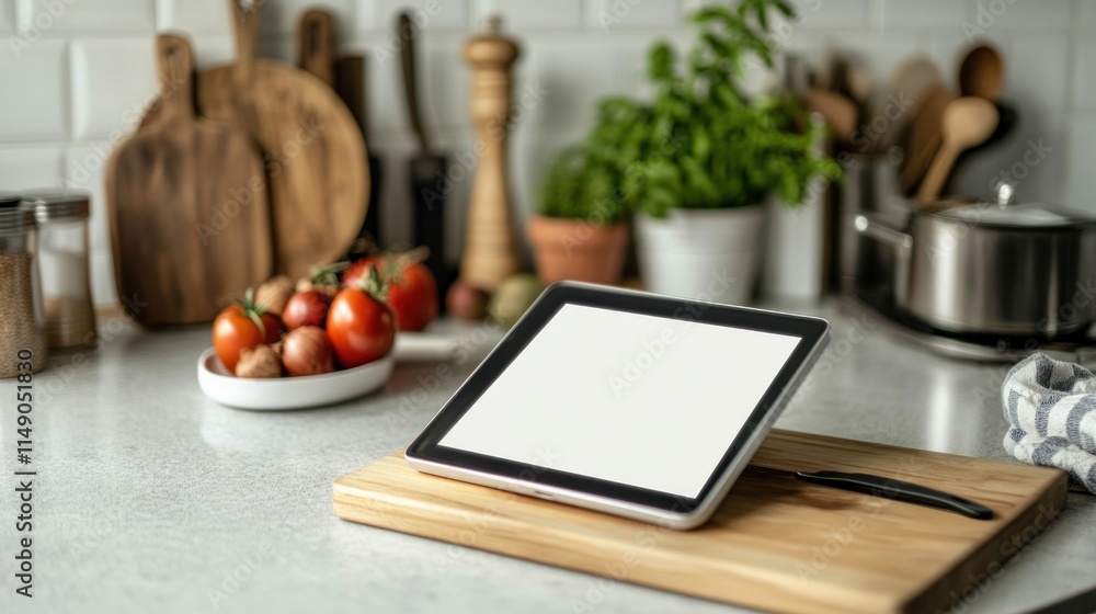 Tablet with blank screen on kitchen counter near ingredients. Tablet with blank screen on kitchen counter near ingredients.