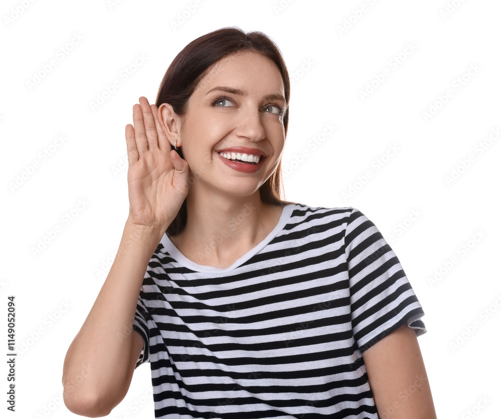 Woman showing hand to ear gesture on white background Woman showing hand to ear gesture on white background