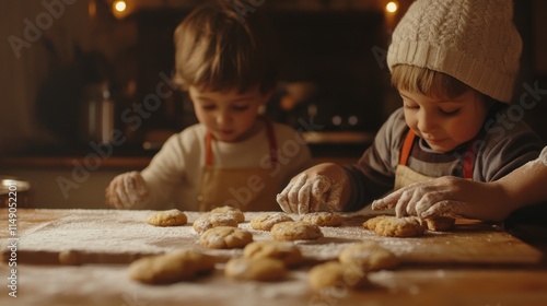 Two toddlers baking cookies together in a cozy kitchen.