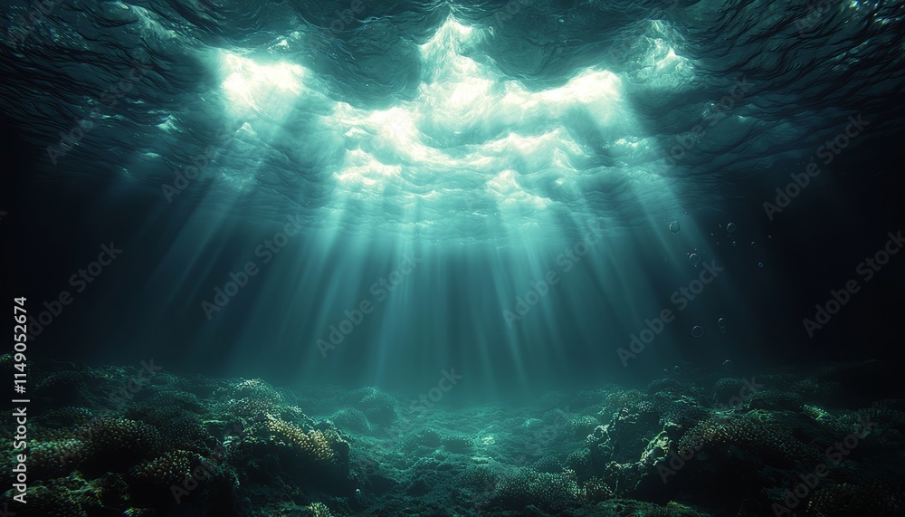 Fototapeta premium Sunbeams Illuminate Underwater Coral Reef Scene