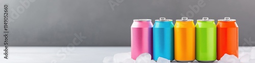 A row of colorful cans of soda with ice cubes in them. The cans are arranged in a row and are all different colors photo