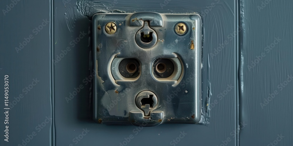 A close-up of a weathered electrical outlet on a blue wall. A close-up of a weathered electrical outlet on a blue wall.