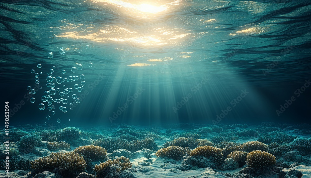 Fototapeta premium Sunlit Ocean Floor Coral Reef Scene