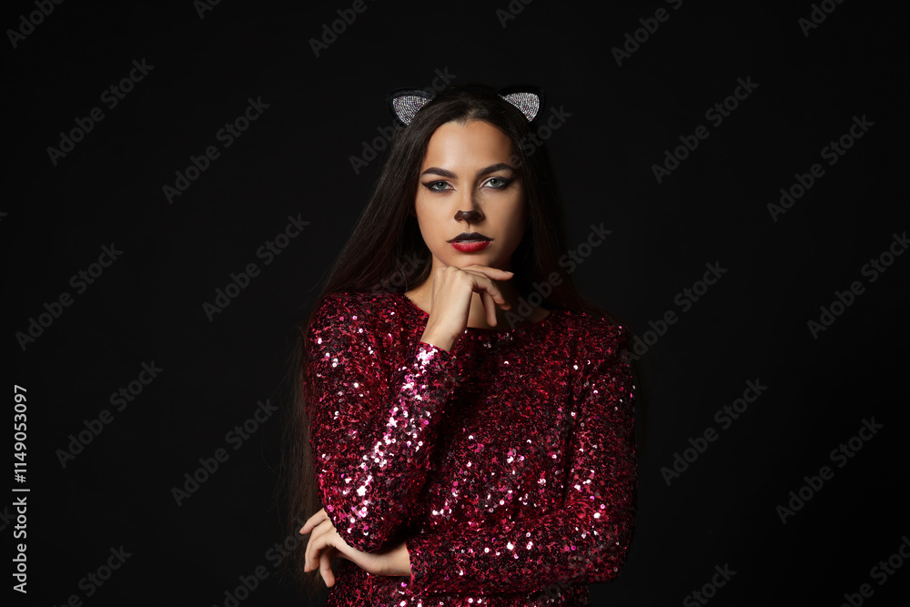 Charming woman with cat makeup and ears on black background Charming woman with cat makeup and ears on black background