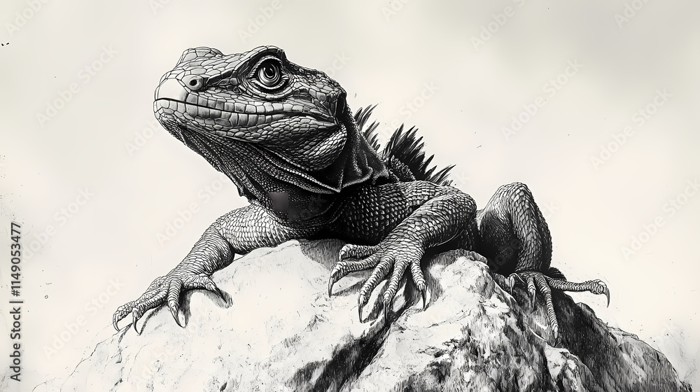 A black-and-white drawing of a lizard atop a rock, eyes alert and tongue extended. Basilisk. Illustration A black-and-white drawing of a lizard atop a rock, eyes alert and tongue extended. Basilisk. Illustration
