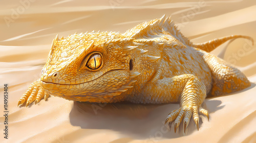 A basilisk with golden scales and eyes that can petrify its prey, who slithers through the deserts seeking out its next meal. digital art painting, fantasy art, wallpaper. Basilisk. Illustration
