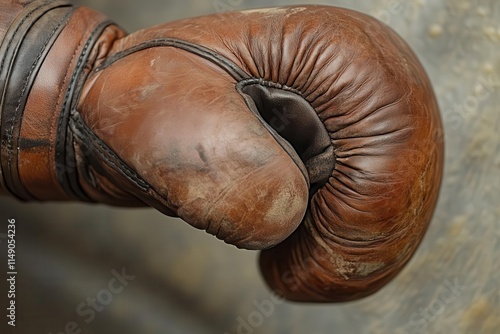 A close-up of a worn leather boxing glove, emphasizing its texture and craftsmanship.