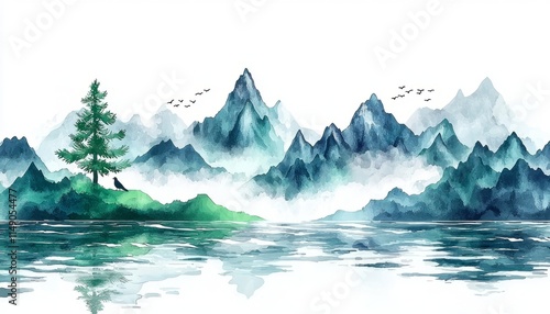 Wallpaper Mural Serene Watercolor Landscape Featuring Majestic Mountains and Tranquil Water Torontodigital.ca