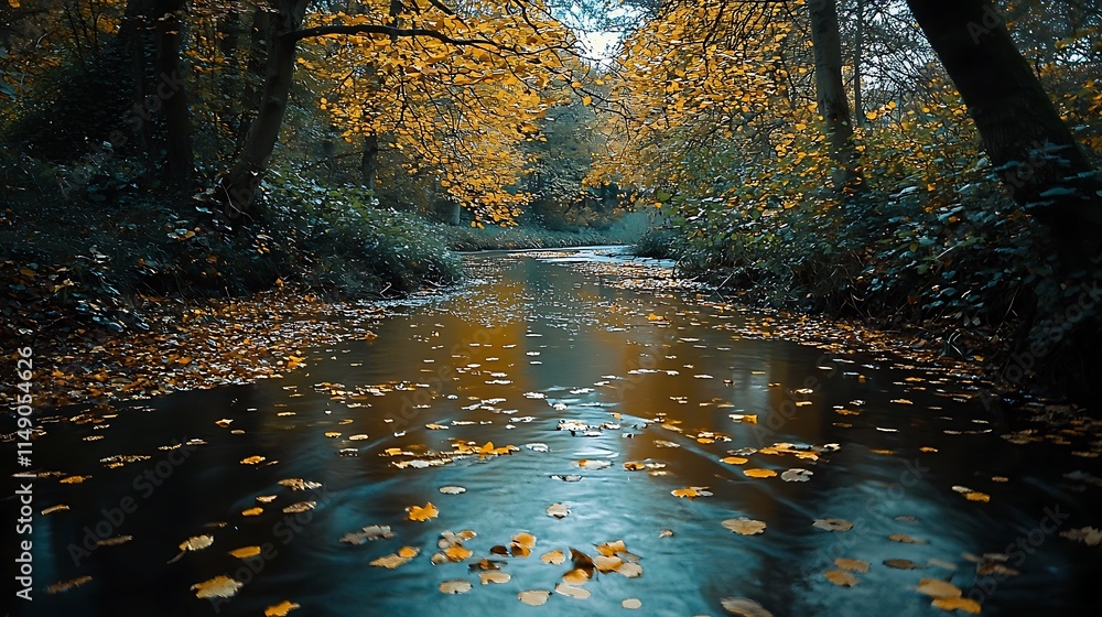 Calm autumn river flowing through a forest with yellow leaves. Calm autumn river flowing through a forest with yellow leaves.