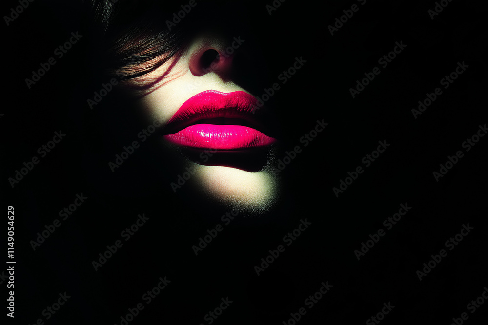 Beautiful model with bright pink lips and face half covered in shadow
Beautiful model with bright pink lips and face half covered in shadow