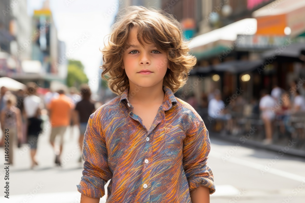 Fototapeta premium A young boy with curly hair stands on a busy street in front of a sign