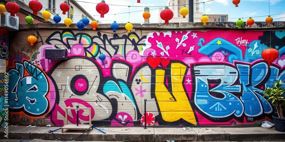 Obraz premium A vibrant and artistic outdoor mural decorating a brick wall in a bustling city square, street art, decoration, aesthetic
