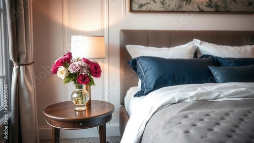 Flowers in vase on bedside table next to king size bed with navy blue bedding, bedside table, home decor, cozy photo