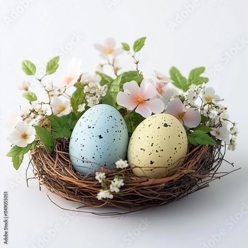Blue and yellow speckled eggs in nest with flowers and leaves.
