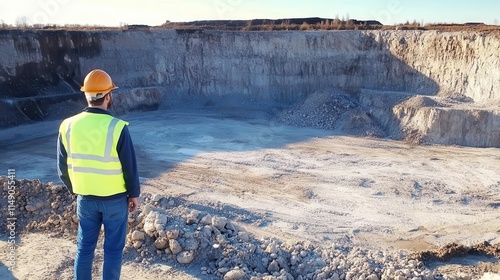 Worker with reflective vest surveying open mine, human scale in massive landscape, mining operations focus. photo