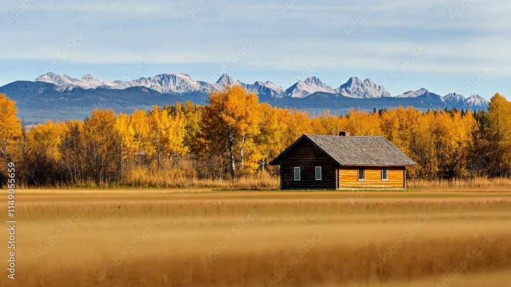 Golden autumn landscape featuring a rustic cabin against a backdrop of majestic mountains Golden autumn landscape featuring a rustic cabin against a backdrop of majestic mountains