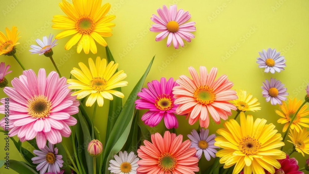 Colorful spring flowers arranged on a white paper background, petal, vibrant, spring Colorful spring flowers arranged on a white paper background, petal, vibrant, spring