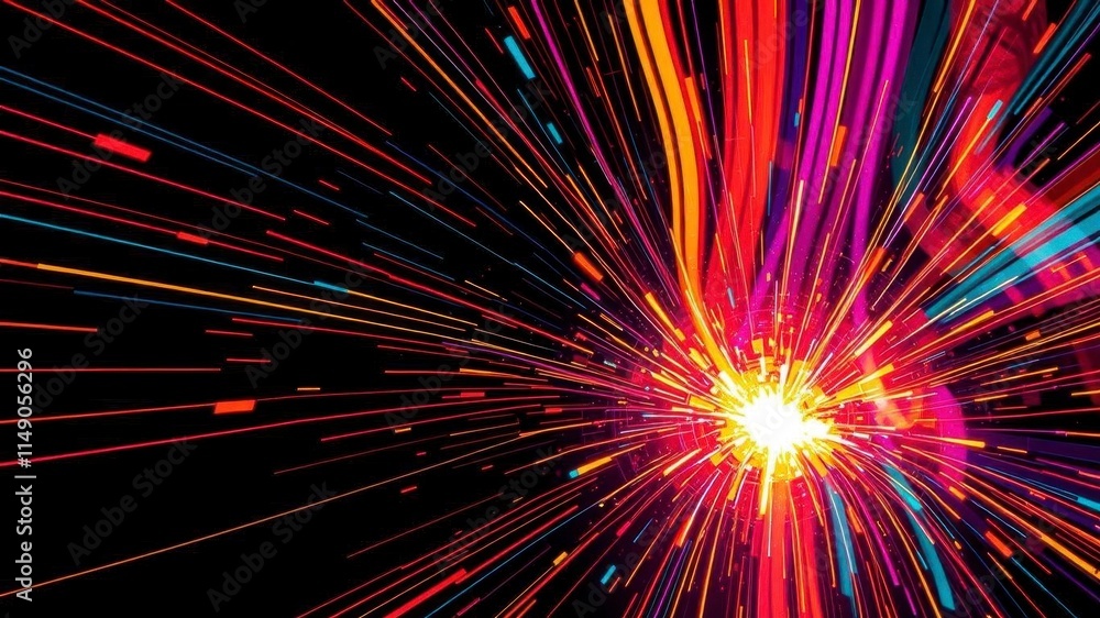 Dynamic explosion of colorful geometric shapes on a dark background, motion, illustration Dynamic explosion of colorful geometric shapes on a dark background, motion, illustration