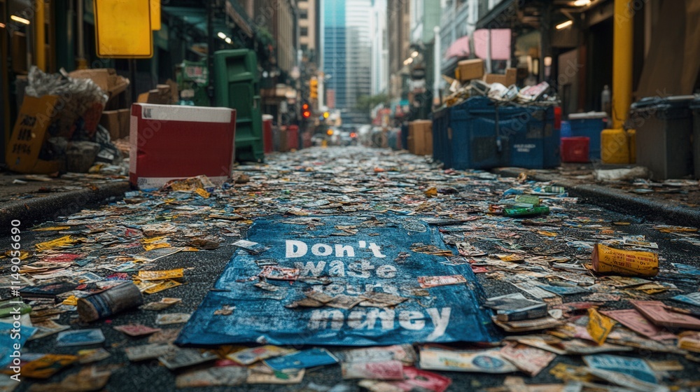 A cluttered urban alley filled with trash, featuring a message about waste. A cluttered urban alley filled with trash, featuring a message about waste.