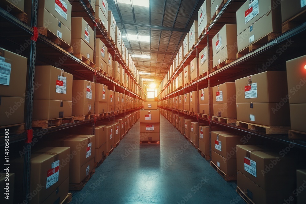 A warehouse filled with stacked cardboard boxes, illuminated by a setting sun. A warehouse filled with stacked cardboard boxes, illuminated by a setting sun.