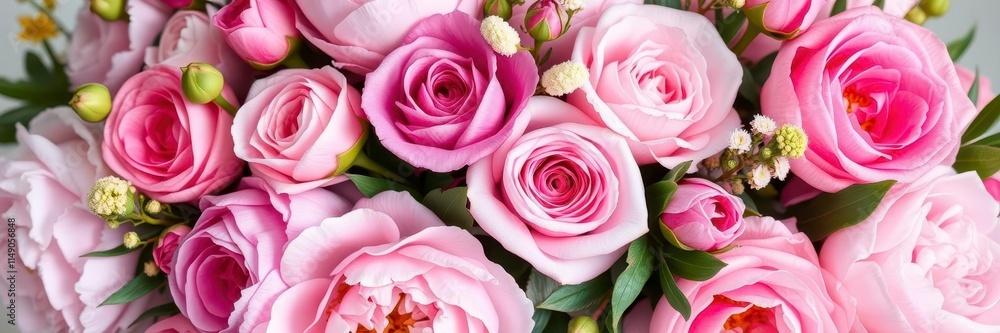 Obraz premium A beautiful arrangement of pink peonies and roses on a white background with space for text, botanical, roses, spring