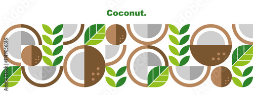 Coconut. Abstract geometric design.Set of icons in simple flat style. Elements isolated on a white background. Banner template. Organic food. Vector illustration.