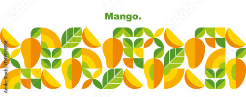 Mango. Abstract geometric design with tropical fruits, leaves and slices.Set of icons in simple flat style. Elements isolated on a white background. Banner template. Organic food. Vector illustration.