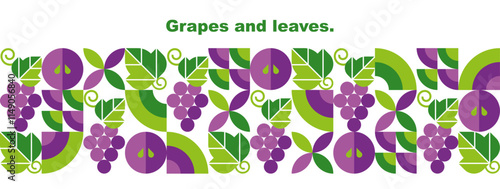 Grapes and leaves. Abstract geometric design.Set of icons in simple flat style. Elements isolated on a white background. Banner template. Organic food. Vector illustration.