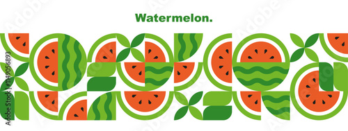 Watermelon. Abstract geometric design with fruits, leaves and slices.Set of icons in simple flat style. Elements isolated on a white background. Banner template. Organic food. Vector illustration.