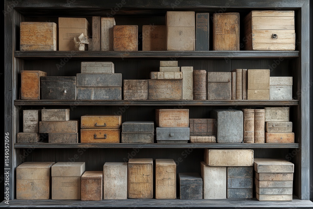 A wooden shelf filled with various old boxes and books, showcasing vintage storage items. A wooden shelf filled with various old boxes and books, showcasing vintage storage items.