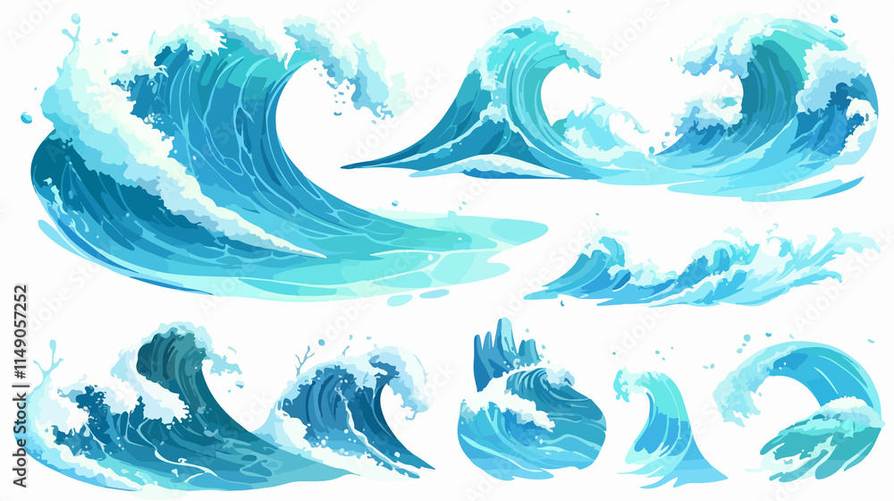 Fototapeta premium Cartoon Blue Sea Waves Collection for Designers. Ocean Wave Illustrations Set for Projects