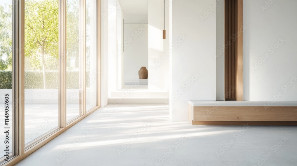 Fototapeta premium Simple modern entryway with white and soft oak accents. Featuring a clean, bright design with minimal decoration